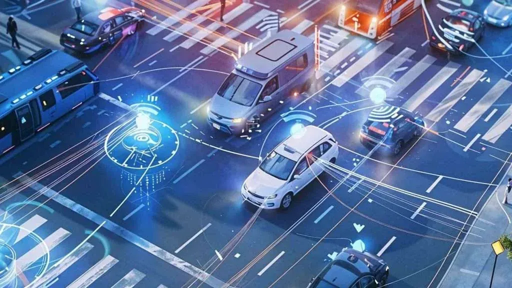 Connected vehicles moving through an urban road network.