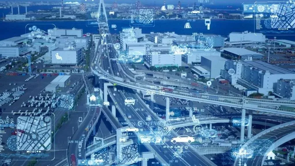 Connected road network with intelligent traffic monitoring.