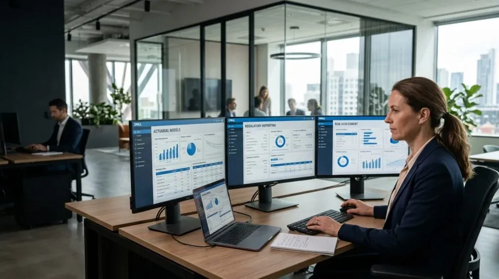 A finance professional analysing reports on screen.