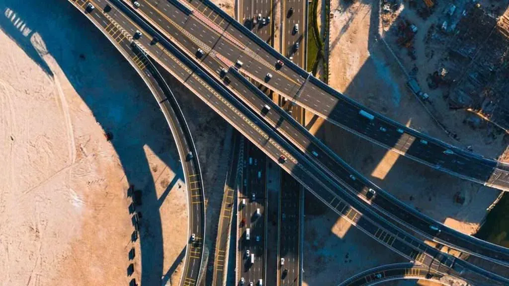 Aerial view of interconnected road infrastructure.