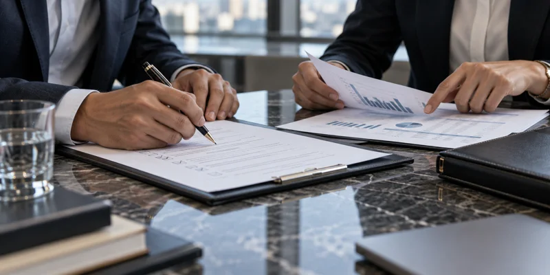 Financial advisors reviewing a regulatory checklist and financial reports.