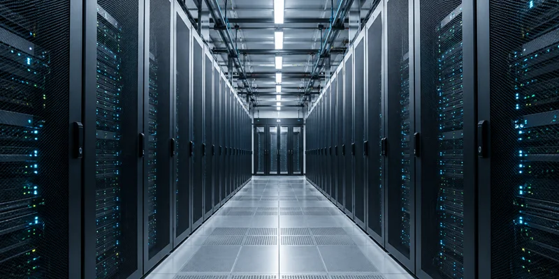 Server racks along an empty private cloud data center aisle.