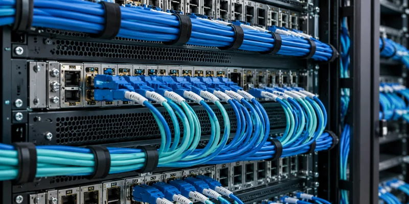 Organized blue and teal network cables linking enterprise data systems.