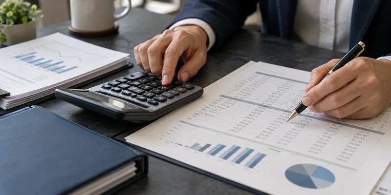 Calculator and printed financial statements being reviewed for reporting.