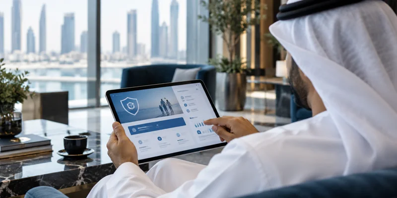 A professional reviewing digital insurance options on a tablet.