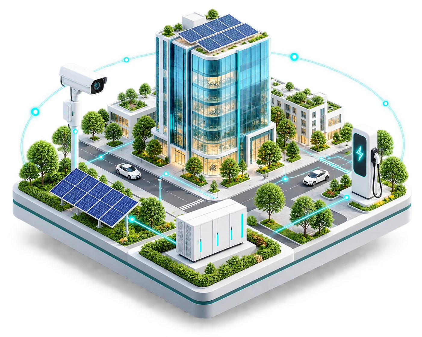 A connected smart city with solar-powered buildings, traffic cameras, EV charging and battery storage.
