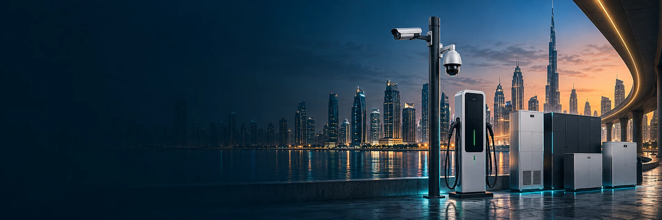 Connected city infrastructure with traffic cameras and energy equipment at sunset.