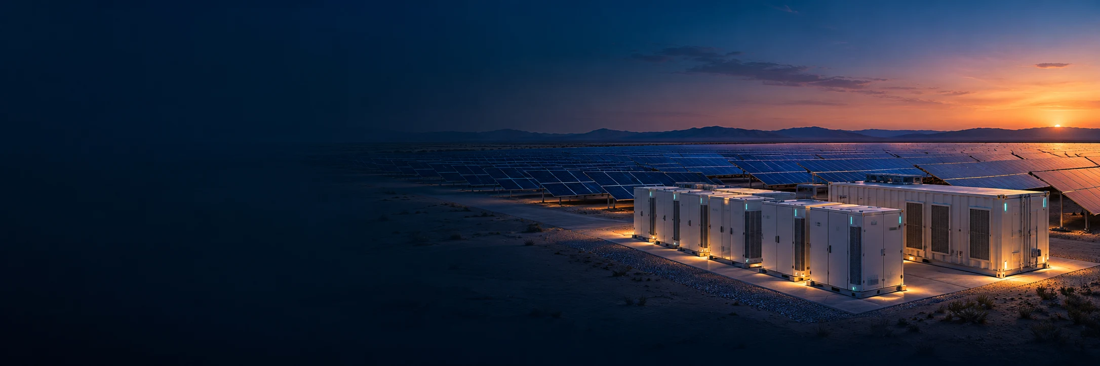 Solar panels and lithium battery energy storage cabinets in a desert solar farm at sunset.