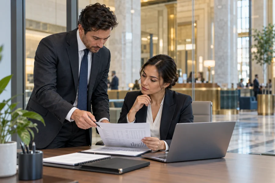 Bank operations specialists reviewing a transaction reconciliation report in a contemporary banking office.