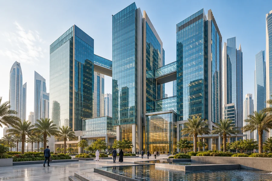 Connected glass office towers in a modern financial district.