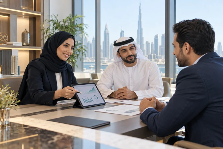 Financial advisors discussing a protection plan with a client in a modern office.