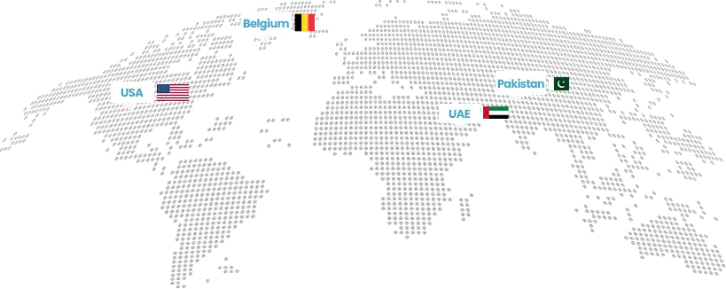 World map showing our locations in Belgium, USA, Pakistan and UAE