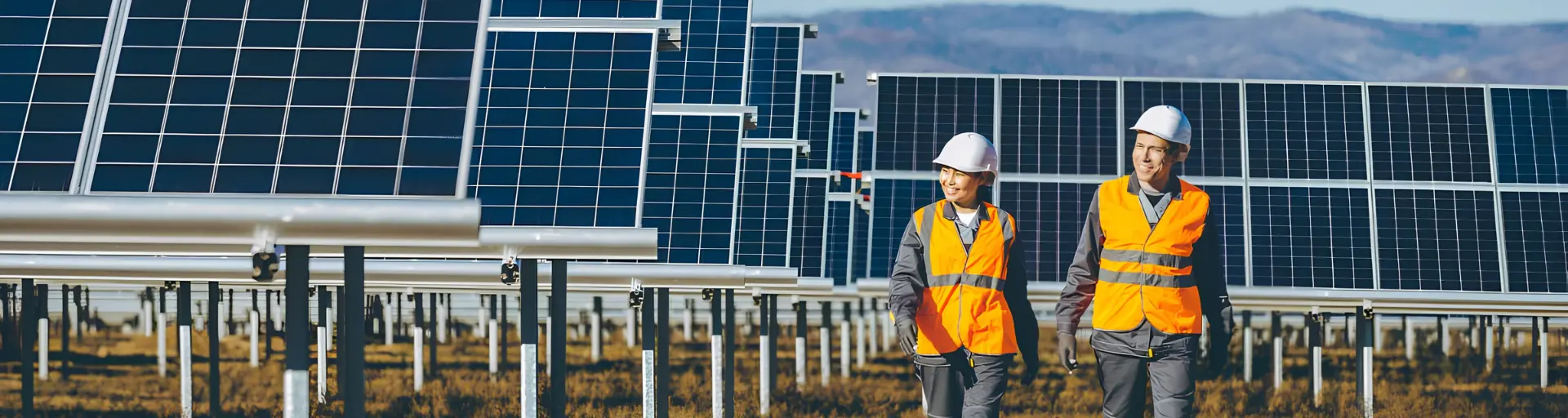 Engineers walking through a utility-scale solar installation.
