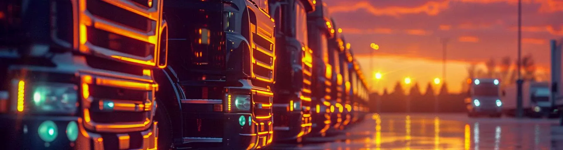 Commercial trucks lined up at a transport facility at sunset.